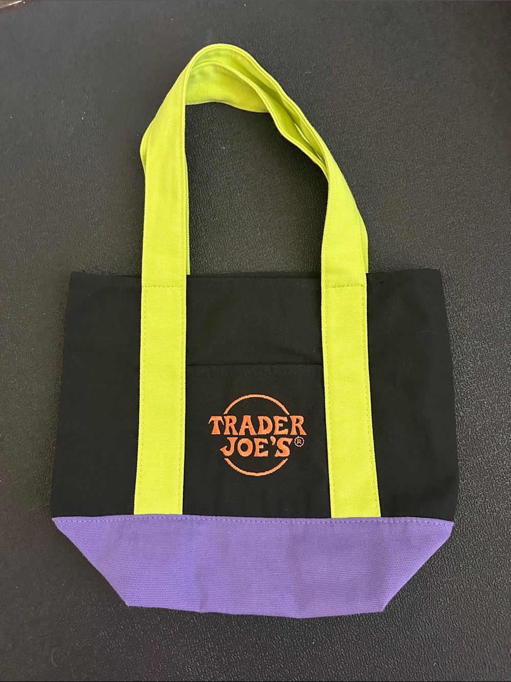 Trader Joe's Black & Lime Canvas Tote with Purple Base